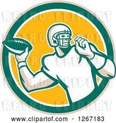Vector Clip Art of Retro Male American Football Player Throwing in a Tan Green White and Yellow Circle by Patrimonio