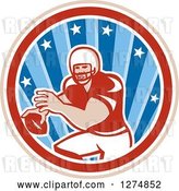 Vector Clip Art of Retro Male American Football Player Throwing in a Tan White Red and Blue Star Circle by Patrimonio