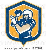 Vector Clip Art of Retro Male American Football Player Throwing in a Yellow Blue and White Shield by Patrimonio