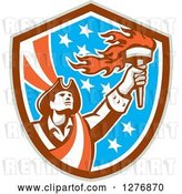 Vector Clip Art of Retro Male American Patriot with a Torch in a Patriotic Shield by Patrimonio