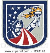 Vector Clip Art of Retro Male American Patriot with a Torch in a Stars and Stripes Shield by Patrimonio