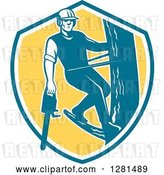 Vector Clip Art of Retro Male Arborist Climbing a Pole with a Chainsaw in a Blue White and Yellow Shield by Patrimonio