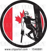 Vector Clip Art of Retro Male Arborist Climbing a Pole with a Chainsaw in a Canadian Flag Circle by Patrimonio