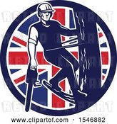Vector Clip Art of Retro Male Arborist Climbing a Pole with a Chainsaw in a Union Jack Flag Circle by Patrimonio