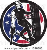 Vector Clip Art of Retro Male Arborist Climbing a Pole with a Chainsaw in an American Flag Circle by Patrimonio