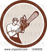 Vector Clip Art of Retro Male Arborist Operating a Chainsaw in a Circle by Patrimonio