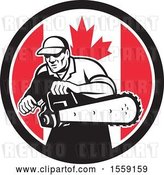 Vector Clip Art of Retro Male Arborist Starting up a Chainsaw in a Canadian Flag Circle by Patrimonio