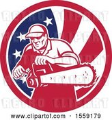 Vector Clip Art of Retro Male Arborist Starting up a Chainsaw in an American Flag Circle by Patrimonio