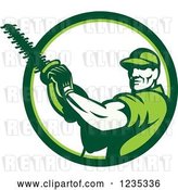 Vector Clip Art of Retro Male Arborist Using a Chain Saw in a White and Green Circle by Patrimonio