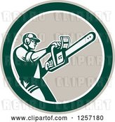 Vector Clip Art of Retro Male Arborist Using a Chainsaw in a Taupe White and Green Circle by Patrimonio