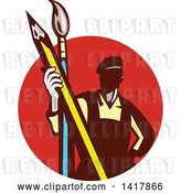 Vector Clip Art of Retro Male Artist Holding a Giant Pencil and Paintbrush in a Red Circle by Patrimonio