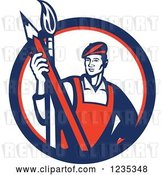 Vector Clip Art of Retro Male Artist with a Paintbrush and a Pencil in a White Red and Blue Circle by Patrimonio