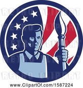 Vector Clip Art of Retro Male Artist with a Paintbrush in an American Flag Circle by Patrimonio