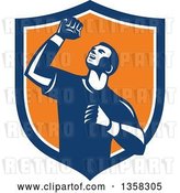 Vector Clip Art of Retro Male Athlete Doing a Fist Pump in a Blue White and Orange Shield by Patrimonio