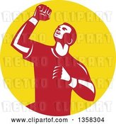 Vector Clip Art of Retro Male Athlete Doing a Fist Pump in a Yellow Circle by Patrimonio