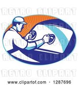 Vector Clip Art of Retro Male Automotive Glass Installer Putting in a New Windshield in a Blue and Orange Ray Oval by Patrimonio
