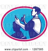 Vector Clip Art of Retro Male Barber Cutting a Client's Hair with Clippers in a Pink White and Blue Oval by Patrimonio