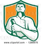 Vector Clip Art of Retro Male Barber Holding Clippers in a Green White and Orange Shield by Patrimonio