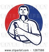 Vector Clip Art of Retro Male Barber Holding Clippers in a Half Red and Blue Circle by Patrimonio