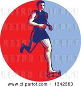 Vector Clip Art of Retro Male Barefoot Runner in a Red Circle by Patrimonio