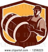 Vector Clip Art of Retro Male Bartender Carrying a Keg in a Brown and Orange Shield by Patrimonio