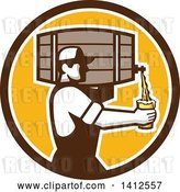 Vector Clip Art of Retro Male Bartender Pouring a Glass of Beer from a Keg in a Brown White and Orange Circle by Patrimonio