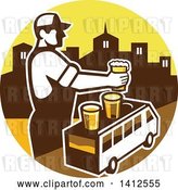 Vector Clip Art of Retro Male Bartender Putting a Beer on Top of a Brew Tour Van in a Cityscape Circle by Patrimonio