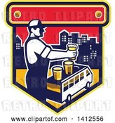 Vector Clip Art of Retro Male Bartender Putting a Beer on Top of a Brew Tour Van in a Cityscape Crest by Patrimonio