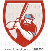 Vector Clip Art of Retro Male Baseball Player Batting Inside a Red White and Taupe Shield by Patrimonio