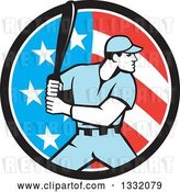 Vector Clip Art of Retro Male Baseball Player Batting Inside an American Stars and Stripes Circle by Patrimonio