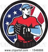Vector Clip Art of Retro Male Baseball Player in an American Flag Circle by Patrimonio