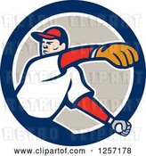 Vector Clip Art of Retro Male Baseball Player Pitching in a Blue White and Taupe Circle by Patrimonio