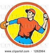 Vector Clip Art of Retro Male Baseball Player Pitching in an Orange White and Yellow Circle by Patrimonio