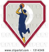 Vector Clip Art of Retro Male Basketball Player Doing a Jump Shot in a Shield by Patrimonio