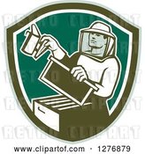 Vector Clip Art of Retro Male Beekeeper Smoking out a Hive Box in a Green and White Shield by Patrimonio