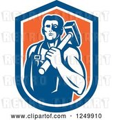Vector Clip Art of Retro Male Blacksmith Guy with a Sledgehammer in an Orange and Blue Shield by Patrimonio