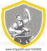 Vector Clip Art of Retro Male Blacksmith Holding up Pliers over a Sledgehammer and Anvil in a Shield by Patrimonio