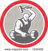 Vector Clip Art of Retro Male Blacksmith with a Hammer and Dumbbell in a Circle by Patrimonio