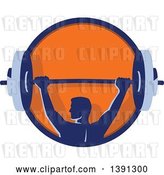 Vector Clip Art of Retro Male Bodybuilder Holding a Heavy Barbell over His Head in a Blue and Orange Circle by Patrimonio