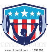 Vector Clip Art of Retro Male Bodybuilder Holding a Heavy Barbell over His Head in an American Shield by Patrimonio
