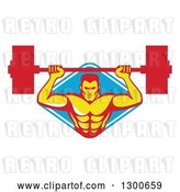 Vector Clip Art of Retro Male Bodybuilder Lifting a Barbell and Emerging from a Blue and White Diamond by Patrimonio