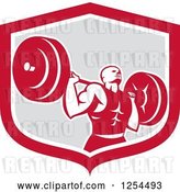 Vector Clip Art of Retro Male Bodybuilder Squatting with a Barbell in a Red and Gray Shield by Patrimonio