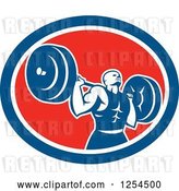 Vector Clip Art of Retro Male Bodybuilder Squatting with a Barbell in a Red White and Blue Oval by Patrimonio