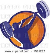 Vector Clip Art of Retro Male Bodybuilder Swinging a Barbell in a Blue and Orange Circle by Patrimonio