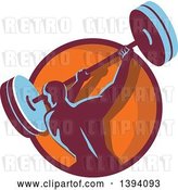 Vector Clip Art of Retro Male Bodybuilder Swinging a Barbell in a Purple and Orange Circle by Patrimonio