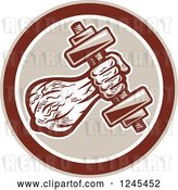 Vector Clip Art of Retro Male Bodybuilder's Arm with a Dumbbell in a Circle by Patrimonio