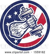 Vector Clip Art of Retro Male Bodybuilder's Arm with a Dumbbell in an American Flag Circle by Patrimonio