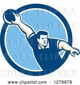 Vector Clip Art of Retro Male Bowler Pointing His Finger and Holding a Ball in a Blue and White Circle by Patrimonio