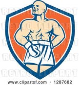 Vector Clip Art of Retro Male Boxer Champion Shouting in a Blue White and Orange Shield by Patrimonio