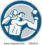 Vector Clip Art of Retro Male Boxer in a Blue Gray and White Circle by Patrimonio